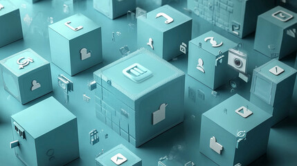 A futuristic 3D-rendered composition of digital cubes featuring social media and technology icons, symbolizing digital communication, networking, and the evolution of online interactions.