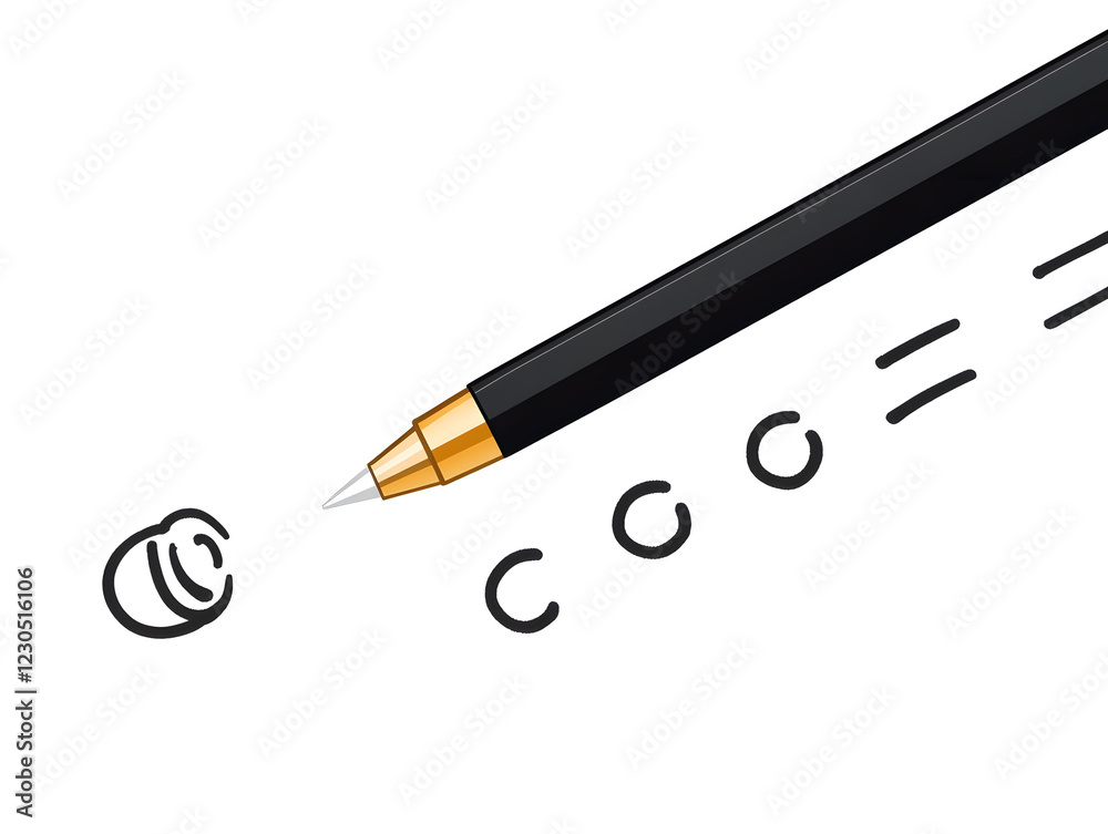 Poster a simple line drawing of an ink pen writing on paper, with three dots representing the number. the w