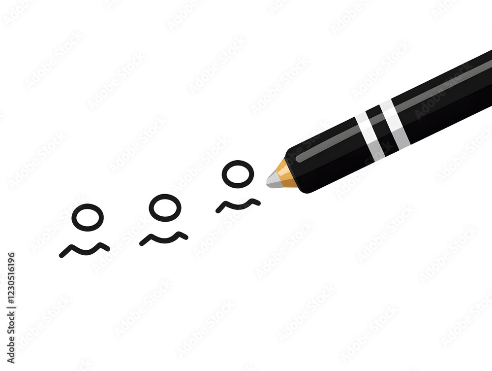 Poster a simple line drawing of an ink pen writing on paper, with three dots representing the number. the w