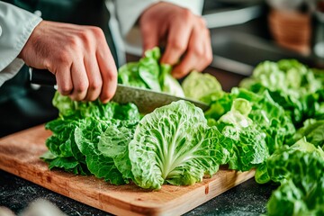 Fresh greens being sliced with precision in a bustling kitchen at midday
