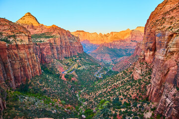 Zion National Park Red Rock Cliffs at Golden Hour Aerial
