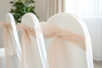 Elegant Wedding Chair Decor: Close-up view of two white padded chairs adorned with blush pink sashes, creating a sophisticated and romantic ambiance perfect for wedding ceremony or reception. 