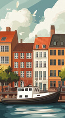 Fototapeta premium Illustration, Cityscape of Copenhagen, the capital city of Denmark, touristic advertisement poster. Beautiful city of Copenhagen. Must-see touristic spot. Famous spot in Europe.
