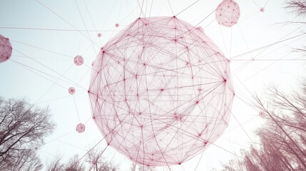 A large interconnected digital sphere floating above trees, symbolizing global communication, artificial intelligence, and data networks in a futuristic and abstract representation.