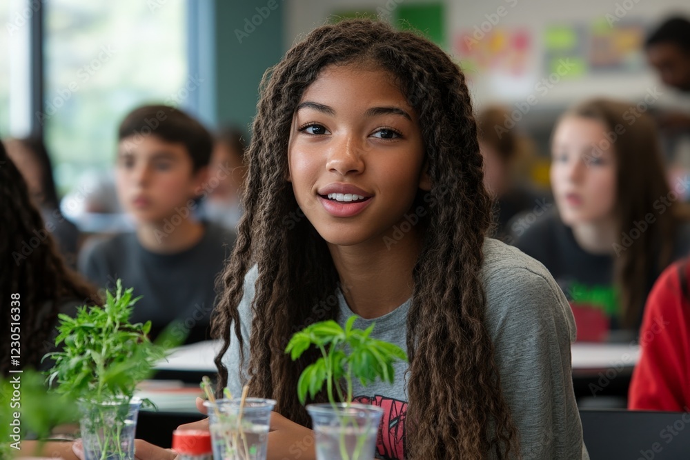 Poster young student engaged in science class with plants in a lively classroom setting at a school