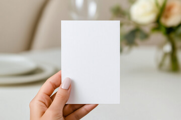 Blank Greeting Card Mockup: A hand delicately holds a blank white greeting card, showcasing its pristine surface against a softly blurred backdrop of a beautifully set table.