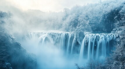 Fototapeta premium Frozen waterfall winter landscape, misty forest background, nature scenery, travel poster
