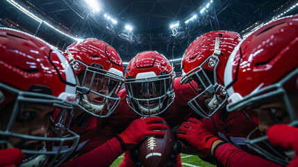 Group of determined American football players lean in closely, exchanging strategies and motivation before a vital play. Energy surges in the air as anticipation builds