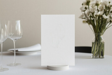 Blank Table Number Card Mockup: A minimalist, elegant mockup showcasing a blank table number card on a pristine white tablecloth, accompanied by glassware, and a bouquet of white flowers in a vase.