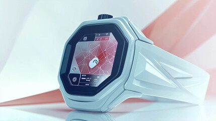 A high-tech smartwatch with a futuristic design and a glowing screen displaying a digital network interface, symbolizing smart connectivity, wearable technology, and online interaction.