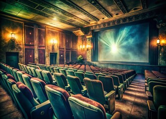 Naklejka premium Vintage Movie Theater Interior: Dark, Blurry Audience & Screen