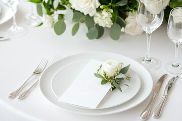 Elegant Table Setting: A minimalist yet sophisticated table setting features pristine white plates, gleaming silverware, and a single white rose with delicate greenery nestled atop a blank card.