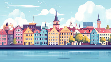 Illustration, Cityscape of Copenhagen, the capital city of Denmark, touristic advertisement poster. Beautiful city of Copenhagen. Must-see touristic spot. Famous spot in Europe.
