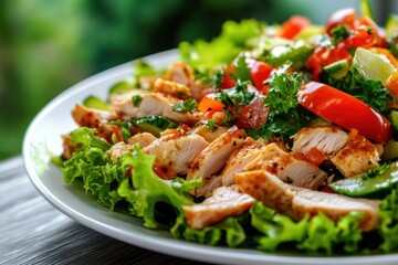 Appetizing summer salad with meat, tomatoes, lettuce and a variety of herbs, healthy summer breakfast in a white plate on a wooden table, healthy food concept, weight loss dishes