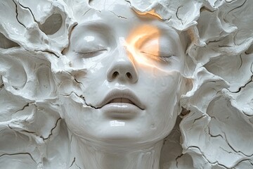 Artistic representation of a cracked porcelain face with glowing eye in a surreal display