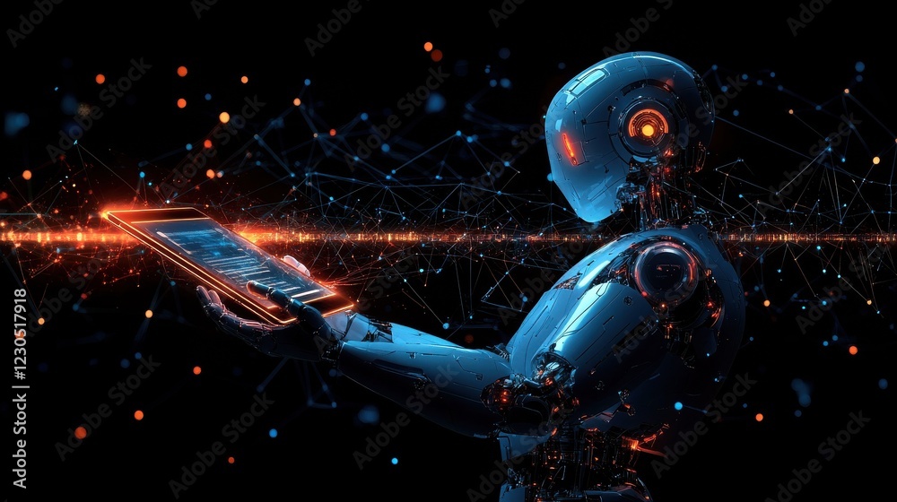 Poster robot holding a tablet with a website. ai t echnology. artificial intelligence. automation. future. 
