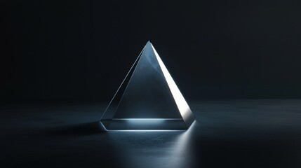 3d rendering of a triangular prism in the middle of a dark room. the prism is made up of three triangular shapes, with the topmost triangle being the largest and the bottom two being the smallest.