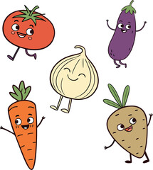  Cute and colorful cartoon vegetables with happy faces, isolated on a white background