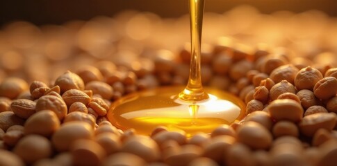 Gentle argan oil flows over a bed of argan seeds , oil,