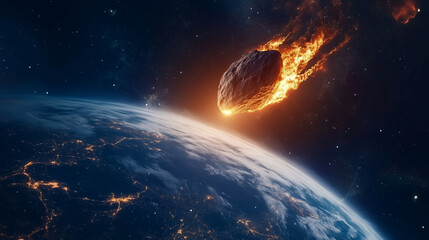 Huge asteroid flies towards Earth, space background with burning meteorite and planet Earth....