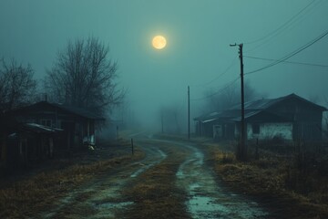 Misty Rural Night Scene with Moon