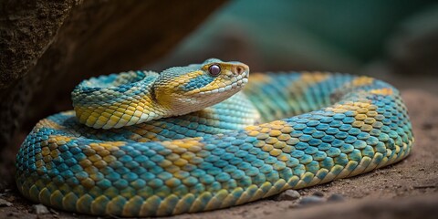 Fototapeta premium Vintage Photo: Coiled Rattlesnake with Vibrant Blue & Yellow Scales