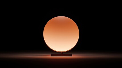 3d rendering of a round, orange-colored lamp on a black background. the lamp is placed on a wooden base with a thin, rectangular base.