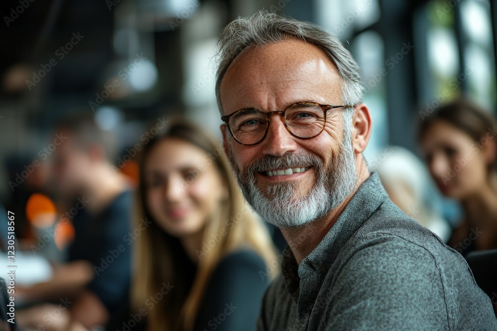 Poster elderly man with glasses smiling in modern coworking space during a collaborative work session with 