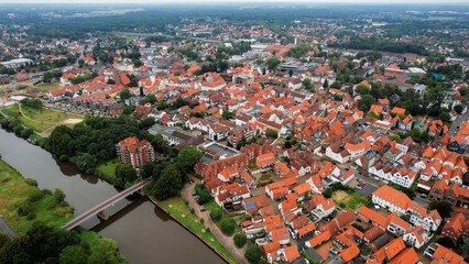 Aerial panorama around the city  Verden in Germany on a sunny day in spring.