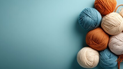 A stunning arrangement of various yarn balls highlights a range of beautiful colors and textures on a calming aqua background, perfect for textile arts and crafts lovers.