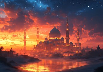 Naklejka premium Majestic Mosque with Tall Minarets Against a Vibrant Sunset Sky, Reflected in a Serene River