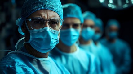 A group of surgeons wearing blue scrubs and masks