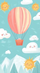 Happy Hot Air Balloon Soaring Through Sunny Skies