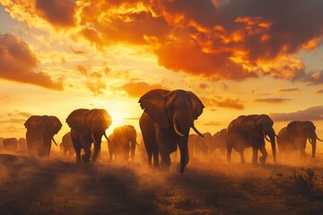 Fototapeta premium A group of elephants walks across a dusty savannah as the sun sets, casting beautiful silhouettes against a fiery sky. Their movements blend with the evening glow