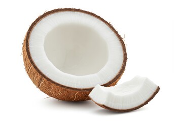 A cracked coconut shell with white flesh inside accompanied by a separate wedge-shaped piece isolated on a white background