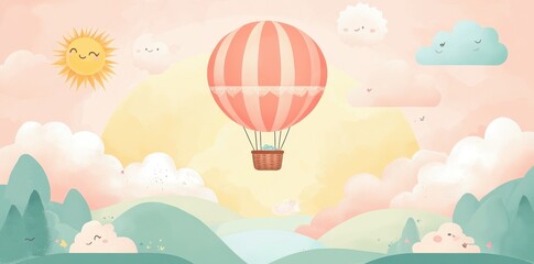Pastel Hot Air Balloon Soaring Over Gentle Hills