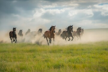 Obraz premium A group of wild horses races across a grassy expanse, their powerful strides kicking up dust clouds. The moment captures the energy and wild spirit of nature on a beautiful day