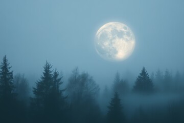 Fototapeta premium Full Moon Over Misty Forest