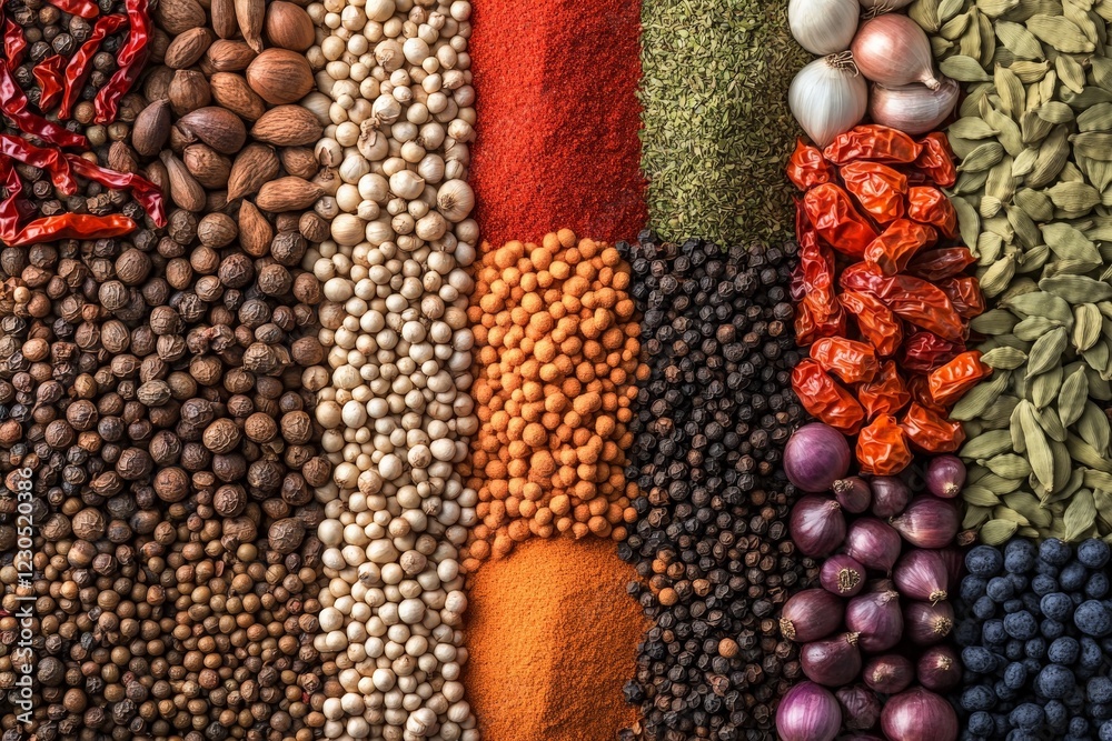 Poster Colorful display of various spices and herbs arranged in neat sections on a wooden surface