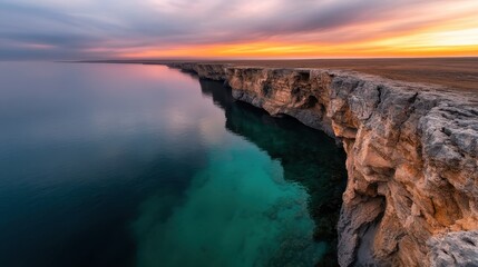 An awe-inspiring image of towering cliffs beside calm sea waters, capturing the essence of nature's grandeur and serenity during the twilight hours.