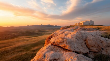 Fototapeta premium The remnants of historical architecture rest against a beautifully lit sunset sky, creating a serene and contemplative atmosphere in the landscape.