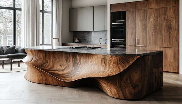 Contemporary apartment with a stylish kitchen island, smart storage solutions, and a cozy integrated living area