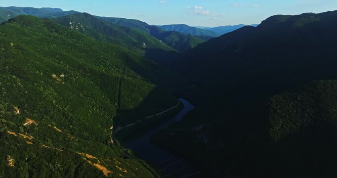 Mountain River Aerial Sunrise View Meandre Vibrant Landscape Fly Over Forest Drone