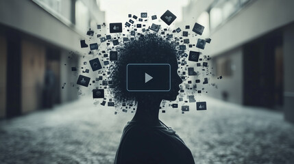 A faceless silhouette of a person with a digital interface embedded in their head, surrounded by floating social media icons, symbolizing technology's impact, digital identity, and online connectivity