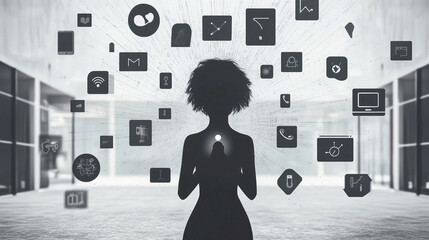 A faceless silhouette of a woman is surrounded by floating digital icons, symbolizing online connectivity, social media, artificial intelligence, and the integration of technology 