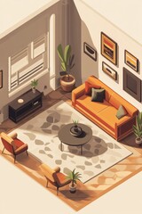 Naklejka premium Living room with a couch, a coffee table, and two chairs. The room is decorated with a few potted plants and a vase