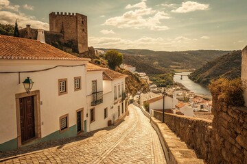 Fototapeta premium Vintage Postcard: Mertola Castle & Town, Portugal - Sun-Drenched Algarve Charm
