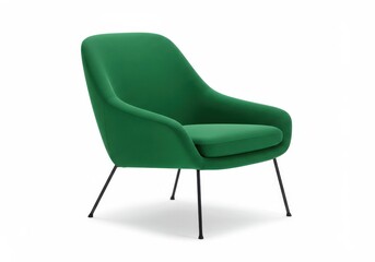 A sleek modern armchair with a green upholstered seat and backrest isolated on a white background