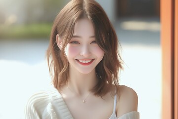Fototapeta premium Cute Japanese girl with a bright smile on a relaxing holiday