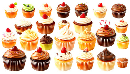 Assortment of  cupcakes collection set isolated on transparent  background , with white tonespng